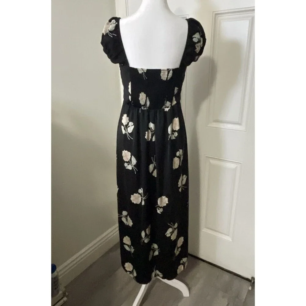 Anthropologie Saltwater Luxe Womens Black Cap Sleeve Floral Dress Medium Boho